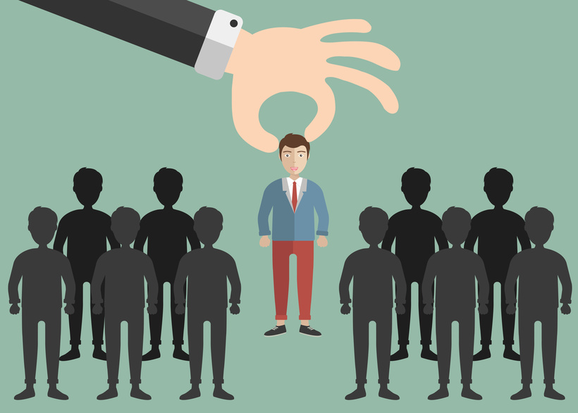Choosing the best candidate for the job concept. Hand picking up a businessman from the row. Green background. Flat vector design